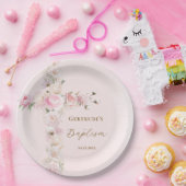 Doop roze bloemkruis papieren bordje (Feest)