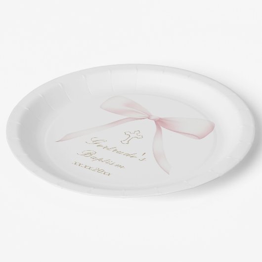 Doop roze boog baby meisje papieren bordje (Gekanteld)