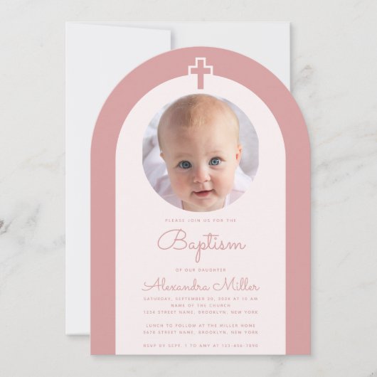 Doop Roze Boog Meisje Foto Dusty Roos Script Kaart (Voorkant)