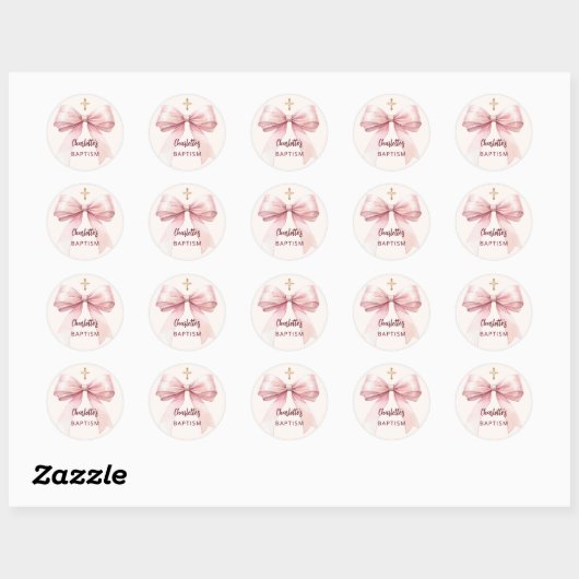 Doop roze boog meisje kruis crème perzik ronde sticker (Vel)