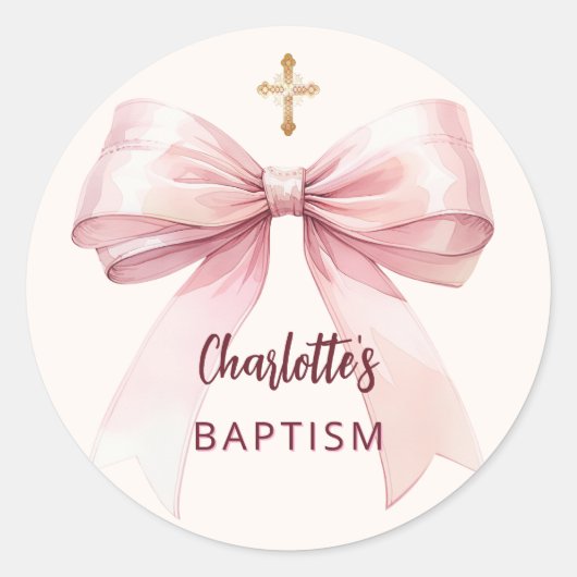 Doop roze boog meisje kruis crème perzik ronde sticker (Voorkant)