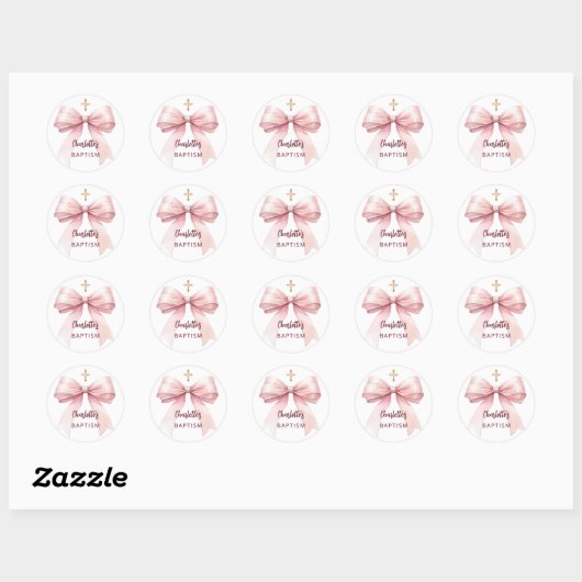 Doop roze boog meisje kruis ronde sticker (Vel)