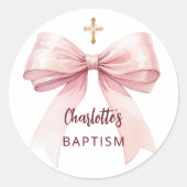 Doop roze boog meisje kruis ronde sticker (Voorkant)