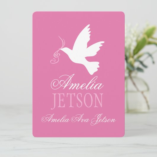 Doop roze duif aankondiging uitnodigingskaart (Staand voorkant)