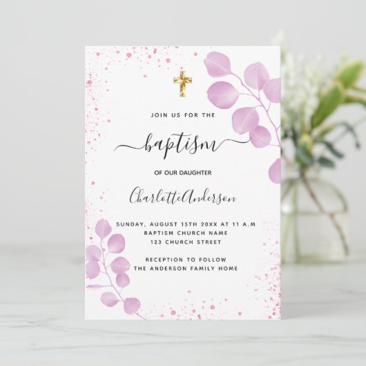 Doop roze eucalyptus glitter kaart (Staand voorkant)