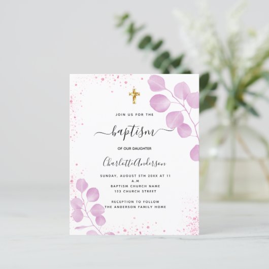 Doop roze eucalyptus glitter uitnodiging (Staand voorkant)