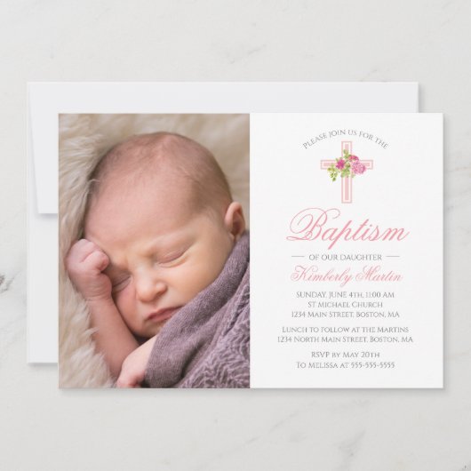 Doop Roze Kruis met Rozen Bloemenfoto Kaart (Voorkant)