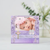 Doop Roze Lila Kruis Meisje Fotodoop Kaart (Staand voorkant)