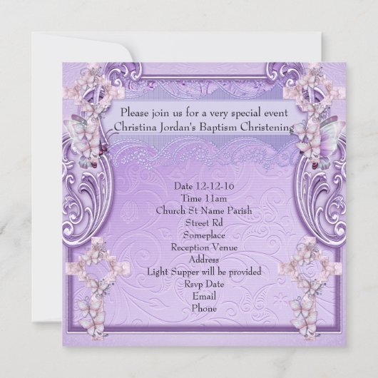 Doop Roze Lila Kruis Meisje Fotodoop Kaart (Achterkant)