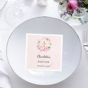Doop roze meisje bloemenkrans kruis servet