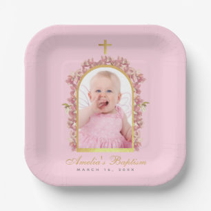 Doop Roze Meisje Foto Gouden Boog Bloem Orchideeën Papieren Bordje