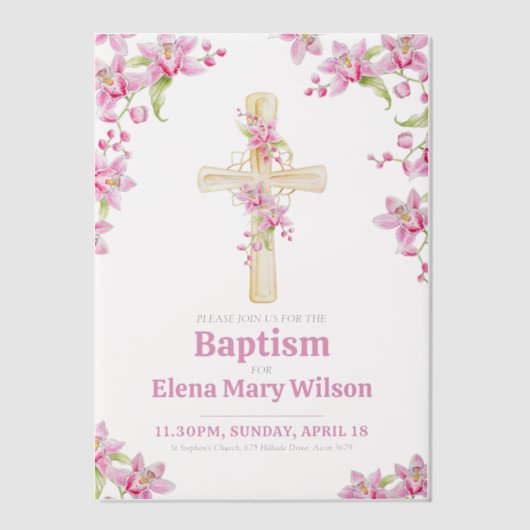 Doop roze orchidee waterverf vellum uitnodigingen (Voorkant)