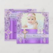 Doop Roze Paarse Kruis Meisje Foto Doop Kaart (Voorkant / Achterkant)