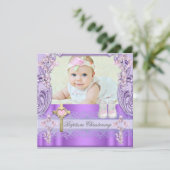 Doop Roze Paarse Kruis Meisje Foto Doop Kaart (Staand voorkant)