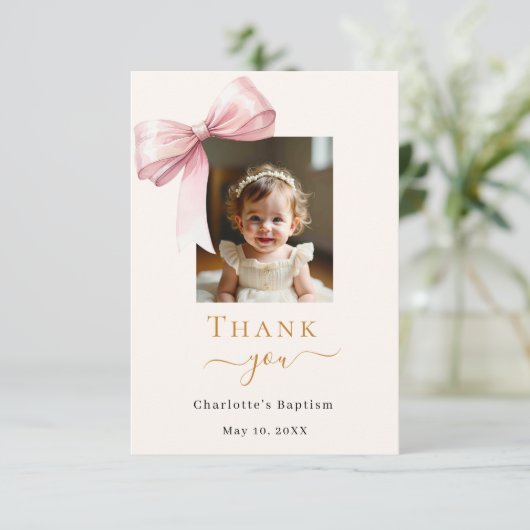 Doop roze strik foto crème meisje bedankkaart (Staand voorkant)