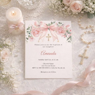 Doop Roze Strik Ivoor Bloemen Kruis Uitnodiging