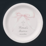 Doop roze strik papieren bordje<br><div class="desc">Baptisme papieren borden</div>