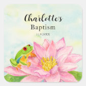Doop Roze Waterlelie & Boomkikker Vierkante Sticker (Voorkant)