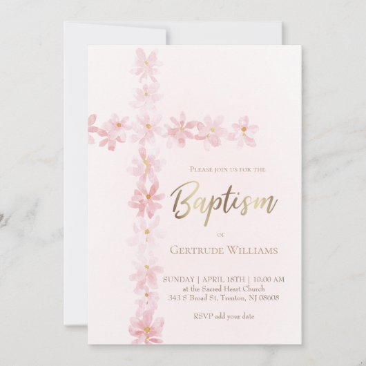 Doop roze waterverf bloemenkruis kaart (Voorkant)