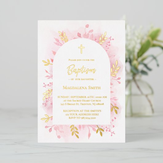 Doop roze waterverf gouden folie uitnodiging (Staand Voorkant)