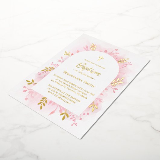 Doop roze waterverf gouden folie uitnodiging (Gedraaid)