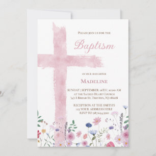 Doop roze waterverf kruis en bloemen kaart