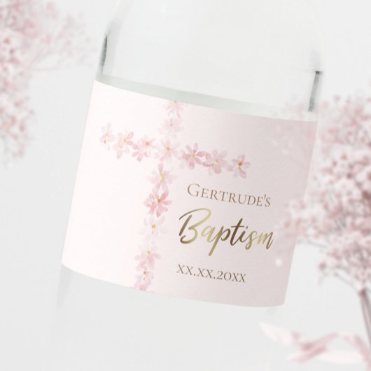 Doop roze waterverf kruis waterfles etiket