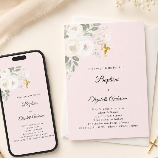Doop roze witte bloemen meisje kaart