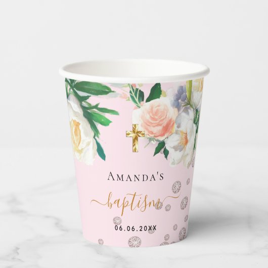 Doop roze witte bloemen meisje papieren bekers (Achterkant)