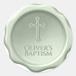 Doop Sage Wax Seal In reliëf Kruis & Naam Groen Ronde Sticker