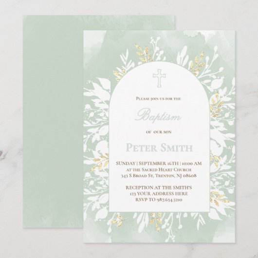 Doop salie groen waterverf loof uitnodiging (Voorkant / Achterkant)