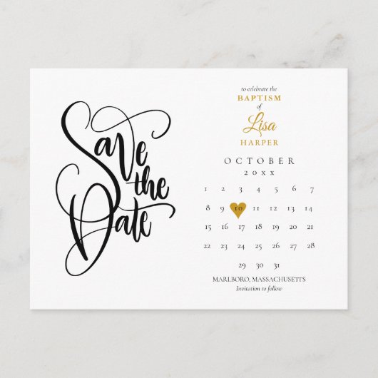Doop Save the Date Kalender Gouden Hart Aankondigingskaart (Voorkant)
