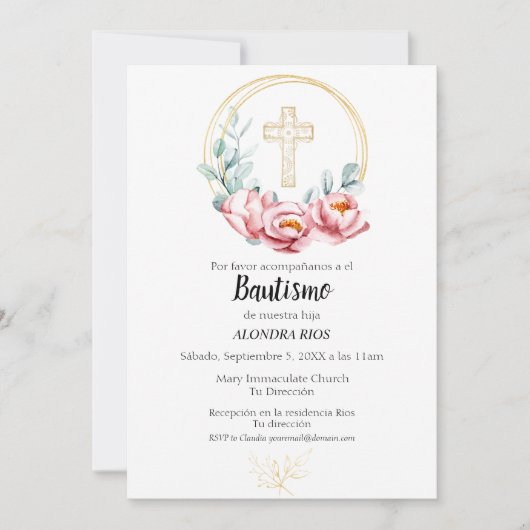 Doop Spaanse uitnodiging Meisje, Bloemen (Voorkant)