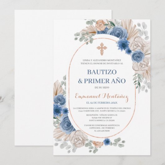Doop Spaanse uitnodiging voor baby jongen (Voorkant / Achterkant)