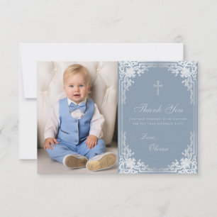 Doop Stof Blauw Vintage Elegante Jongen Foto Bedankkaart