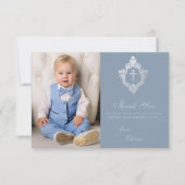 Doop Stoffig Blauw Crest Cross Elegant Boy Foto Bedankkaart (Voorkant)