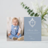 Doop Stoffig Blauw Crest Cross Elegant Boy Foto Bedankkaart (Staand voorkant)