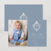 Doop Stoffig Blauw Crest Cross Elegant Boy Foto Bedankkaart (Voorkant / Achterkant)