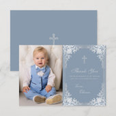 Doop Stoffig Blauw  Elegant Boy Foto Bedankkaart (Voorkant / Achterkant)