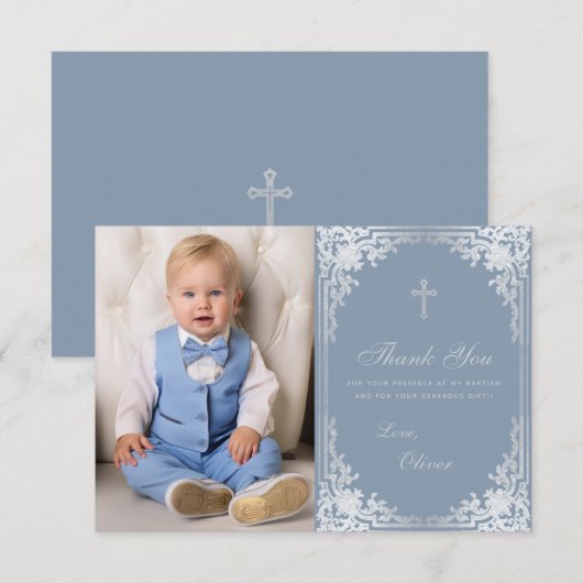 Doop Stoffig Blauw  Elegant Boy Foto Bedankkaart (Voorkant / Achterkant)