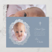 Doop Stoffig Blauw Foto Bloemenkrans Faux Zilver Bedankkaart (Voorkant / Achterkant)