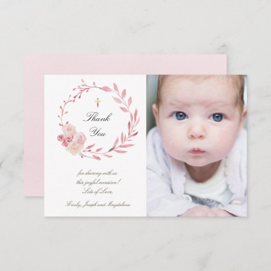 Doop stoffige roze bloemen krans dank u kaart (Voorkant / Achterkant)