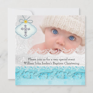 Doop Teal Blauw Witte Kanten Foto Sierkruis Jongen Kaart