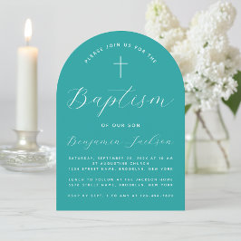 Doop Teal Boogkruis en Script Jongensdoop Kaart