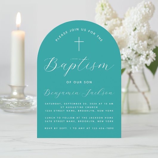 Doop Teal Boogkruis en Script Jongensdoop Kaart