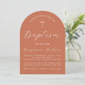 Doop Terracotta Boog Modern Script Cross Eenvoudig Kaart (Staand voorkant)