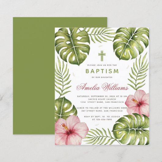 Doop Tropisch Blad Hibiscus Budget Uitnodiging (Voorkant / Achterkant)