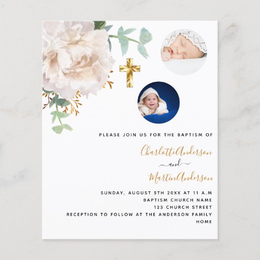 Doop tweeling bloemenfoto budget uitnodiging (Voorkant)