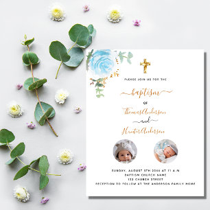 Doop tweeling jongens bloemen foto budget uitnodig flyer