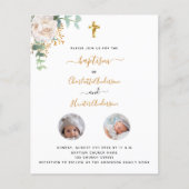 Doop tweeling witte bloemen foto budget uitnodigin flyer (Voorkant)